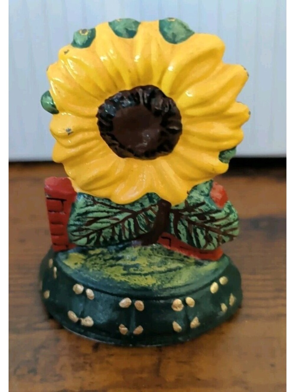 Vintage Hand Painted Cast Iron Sunflower Wedge Door Stop